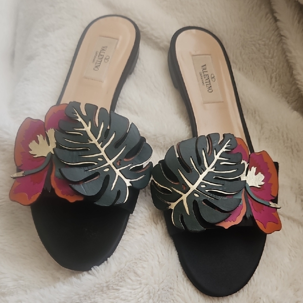 Valentino Women's Black Floral Slide Sandals Leather
